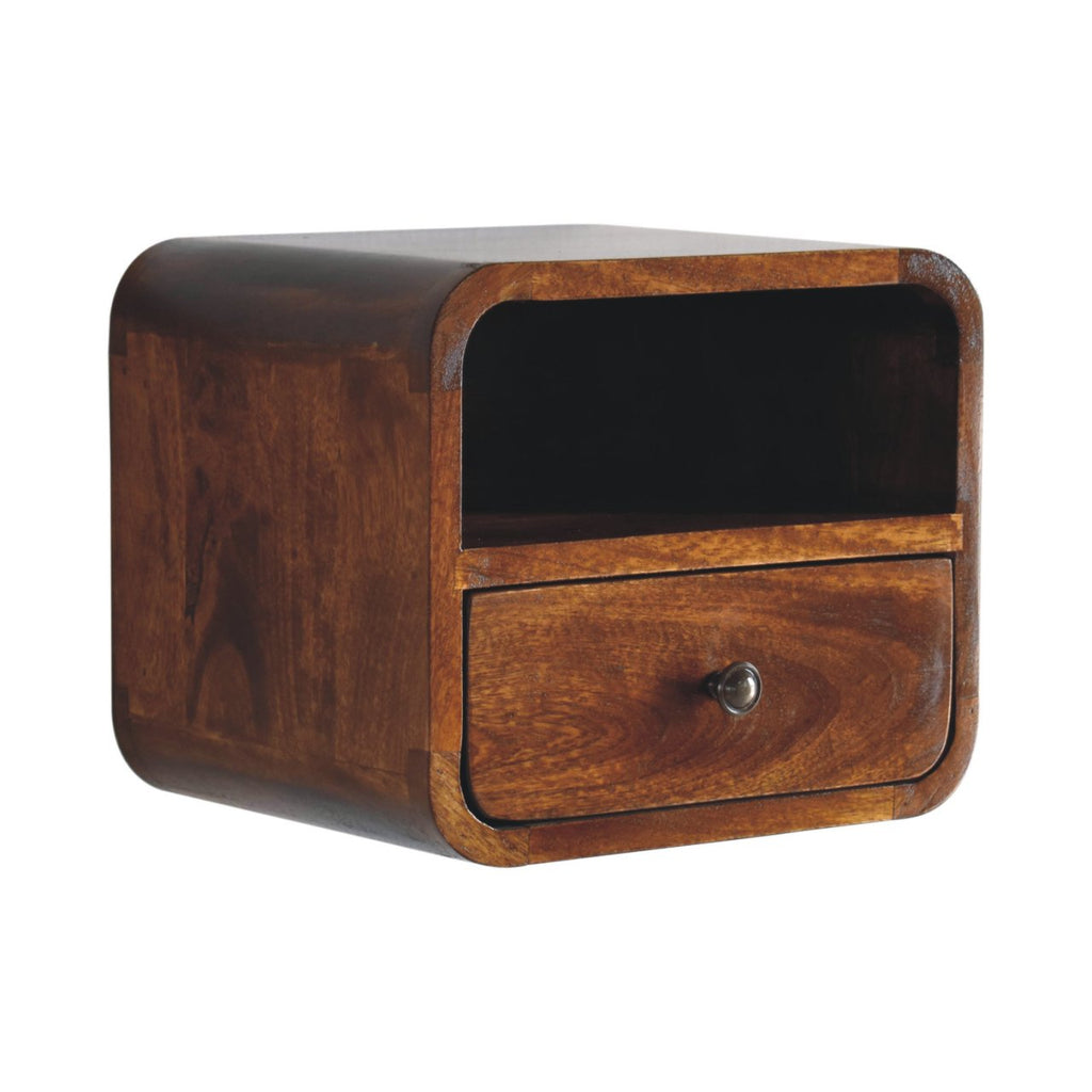 Curved wall-mounted bedside table, 30 cm wide, chestnut wood, three-quarter view, other side