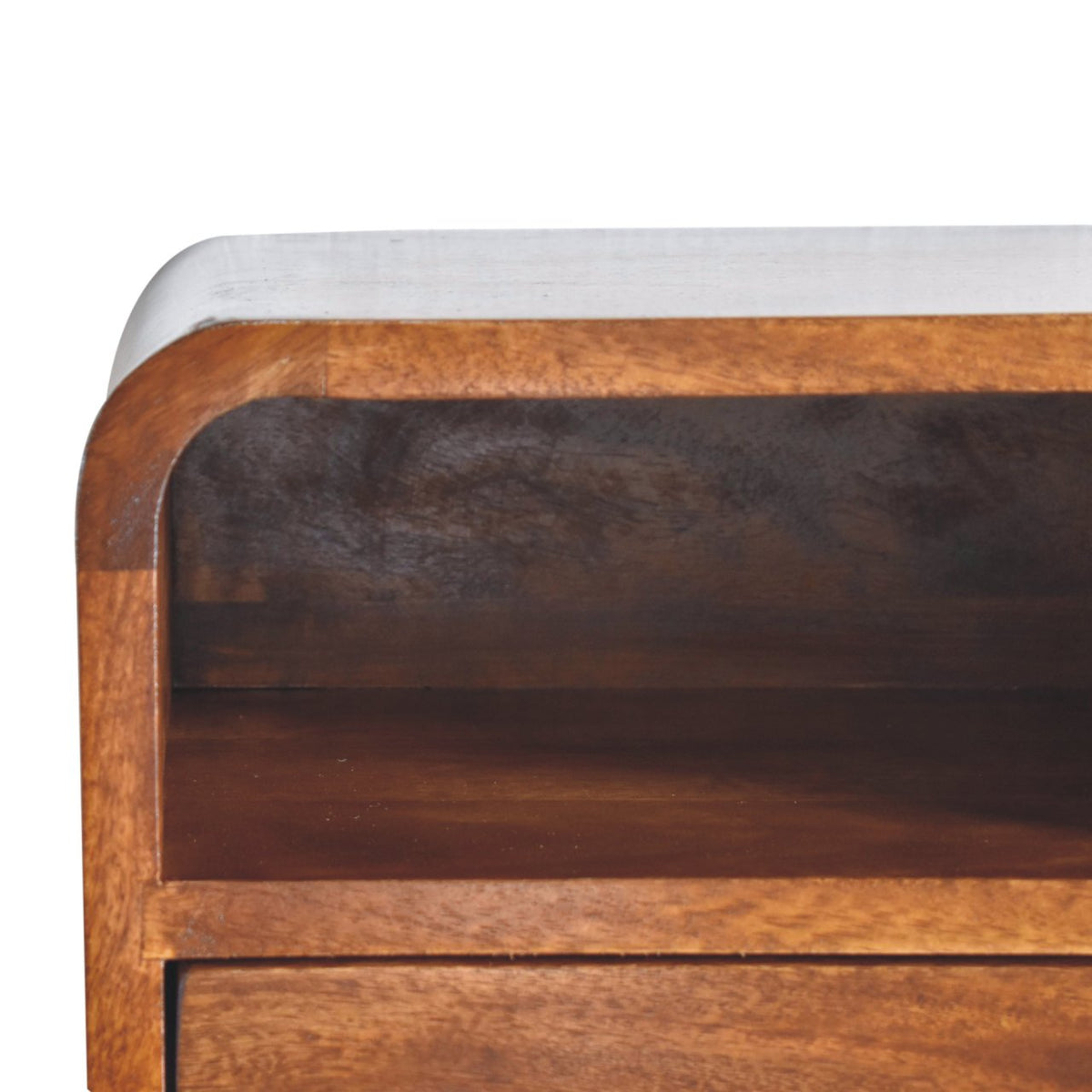 Curved wall-mounted bedside table, 30 cm wide, close-up of the chestnut top corner and open slot