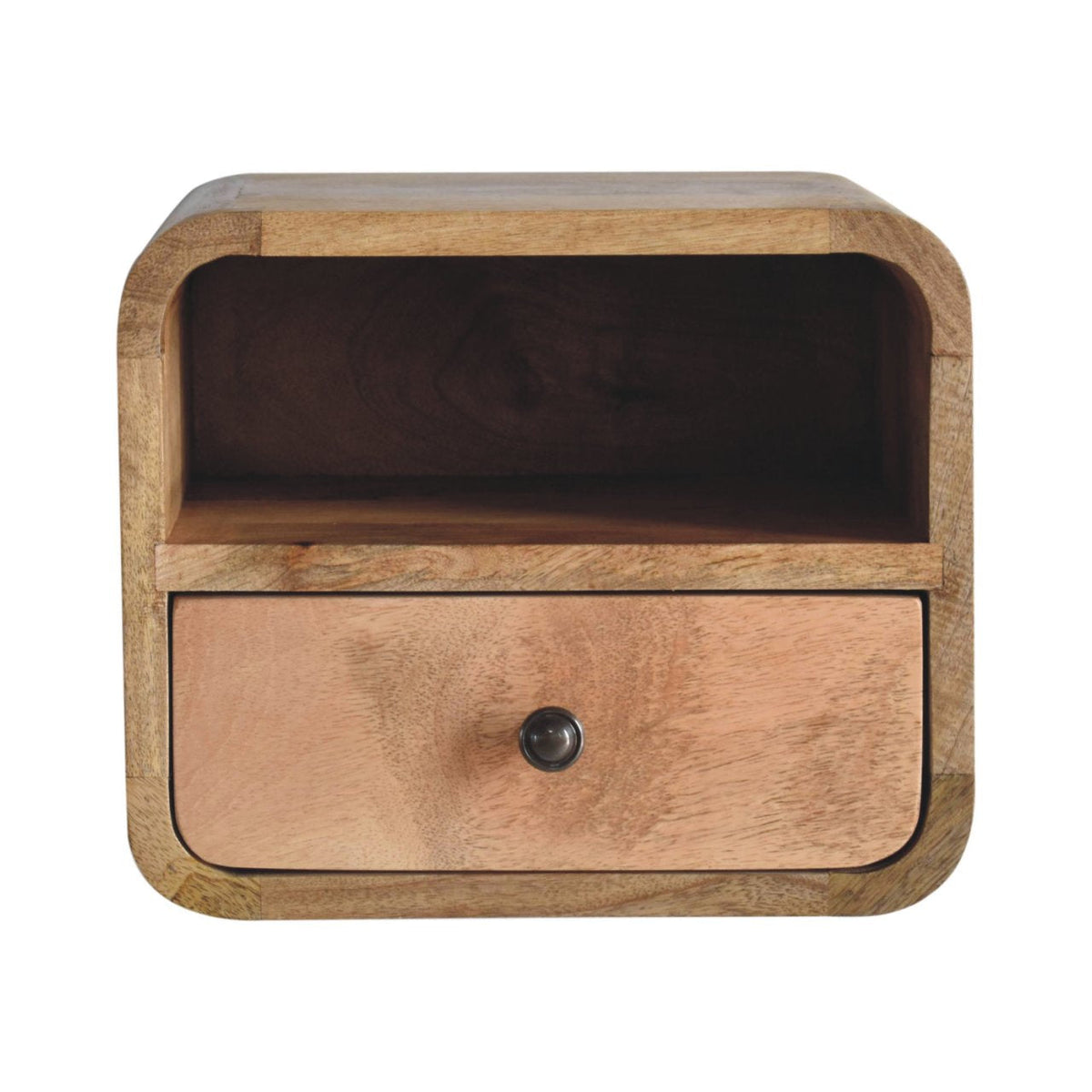 Curved wall-mounted bedside table, 30 cm wide, light finish, front view with open slot