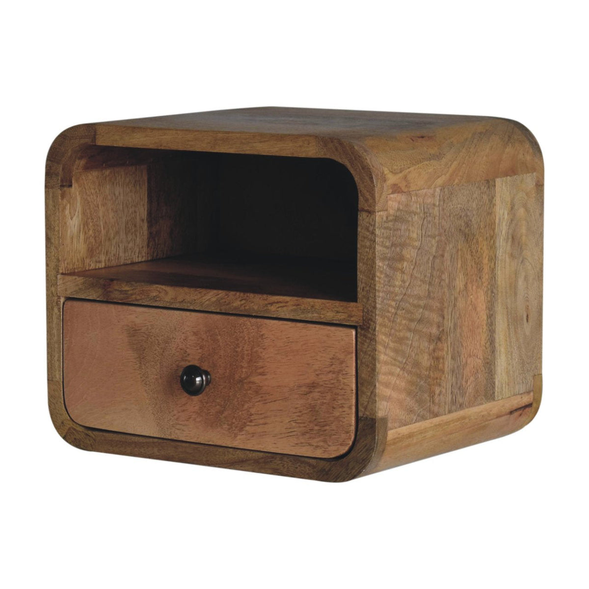 Curved wall-mounted bedside table, 30 cm wide, light tone, angled three-quarter view