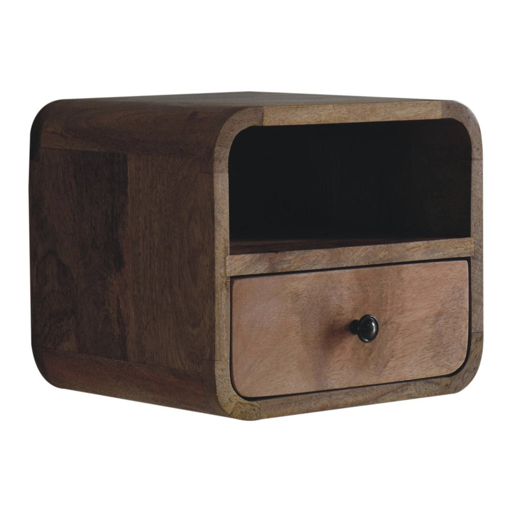 Curved wall-mounted bedside table, 30 cm wide, light wood, three-quarter view, other side