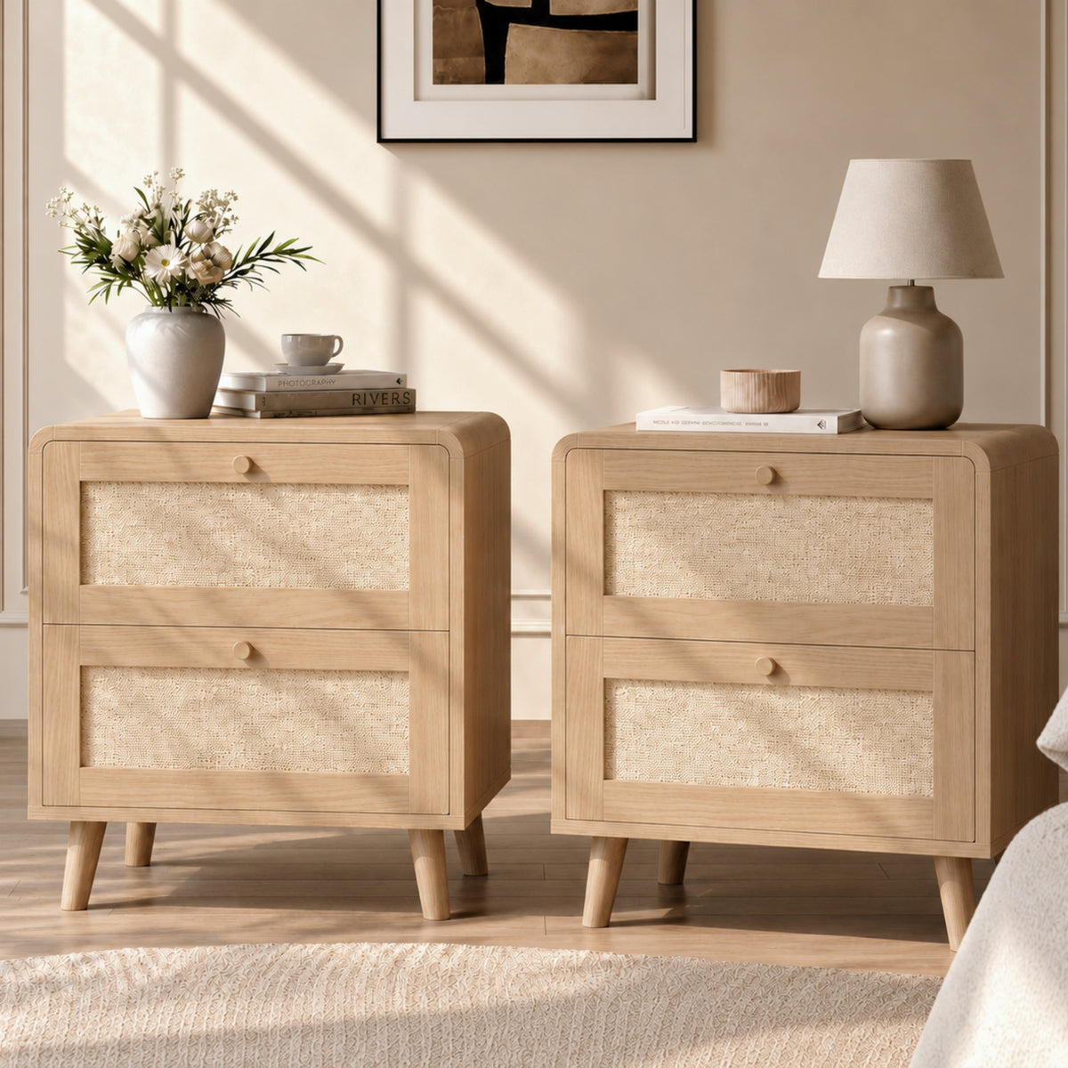 Pair of two-drawer rattan-effect bedside tables in a bedroom