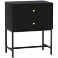 Black two-drawer fluted bedside table on a black metal frame