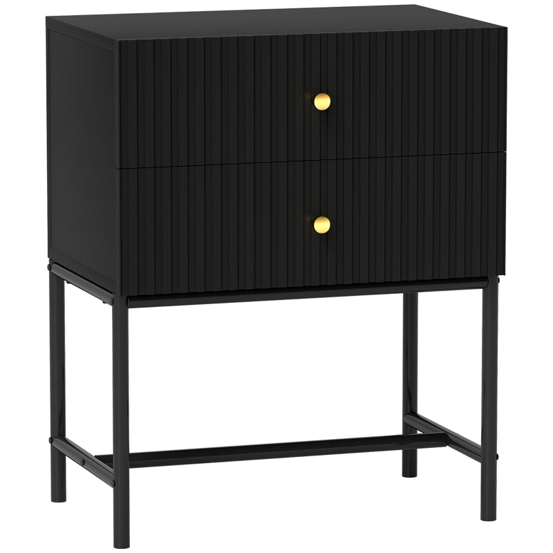 Black two-drawer fluted bedside table on a black metal frame