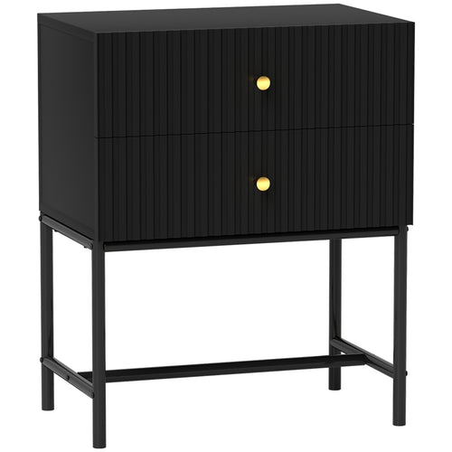Black two-drawer fluted bedside table on a black metal frame