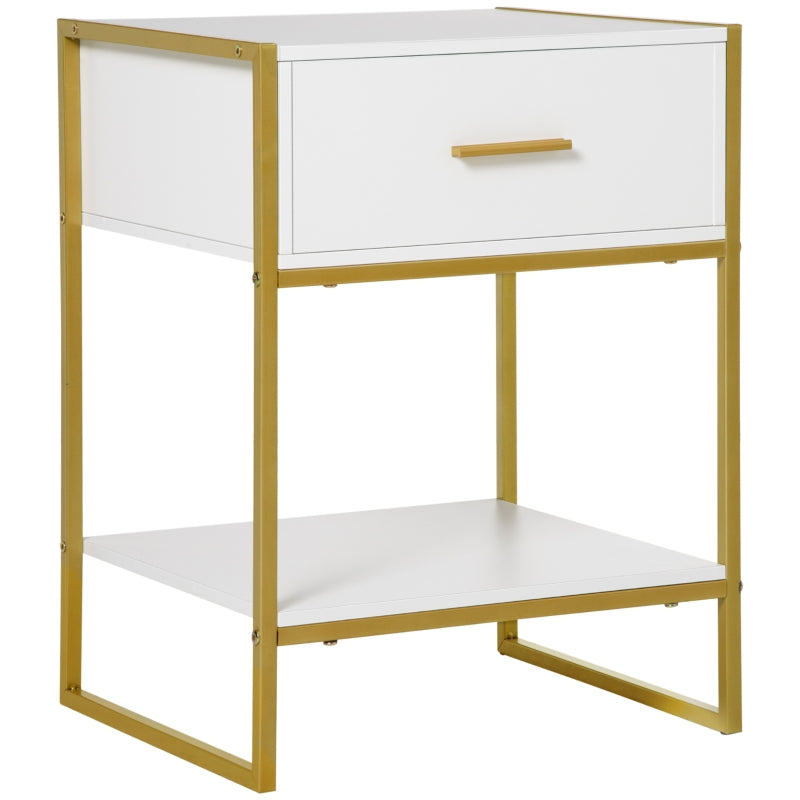 White bedside table with one drawer, open lower shelf and gold-tone metal frame