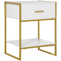 White bedside table with one drawer, open lower shelf and gold-tone metal frame