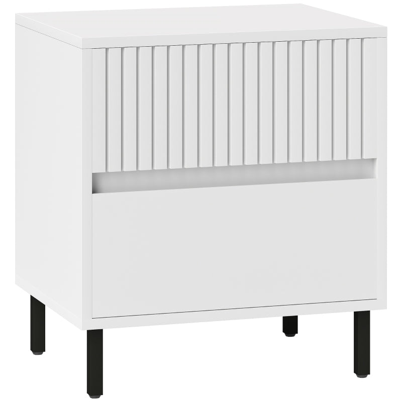 White two-drawer bedside table with fluted front and black legs