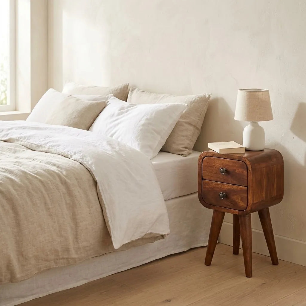 Eden 20 cm bedside table with 2 drawers beside a bed with linen bedding, a lamp and a book on top