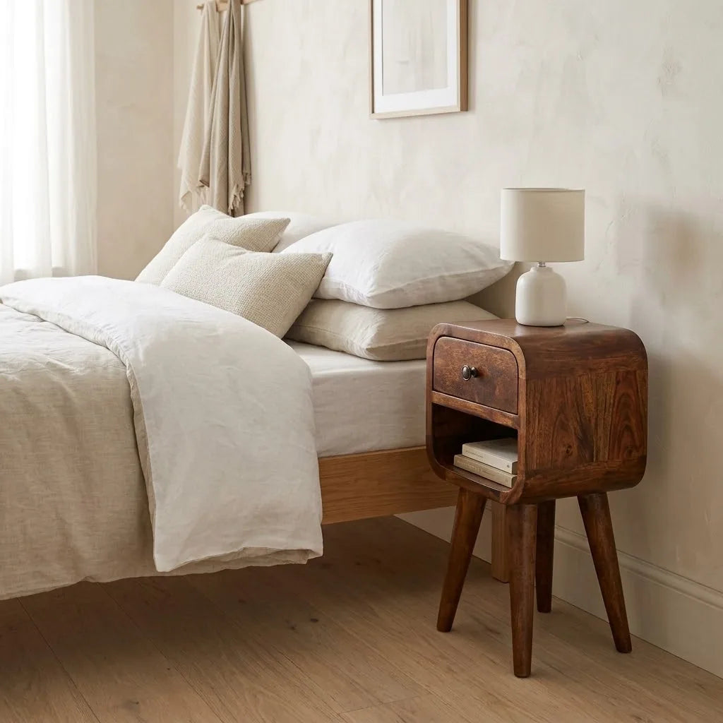 Eden 20 cm Bedside Table beside a bed with linen bedding, with a table lamp on top