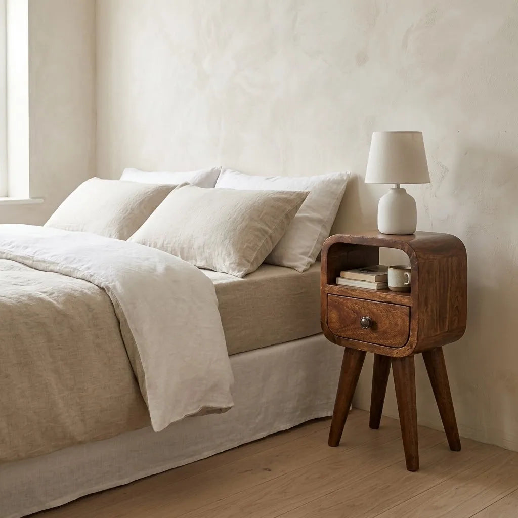 Eden 20 cm Bedside Table beside a bed with linen bedding, with a table lamp on top