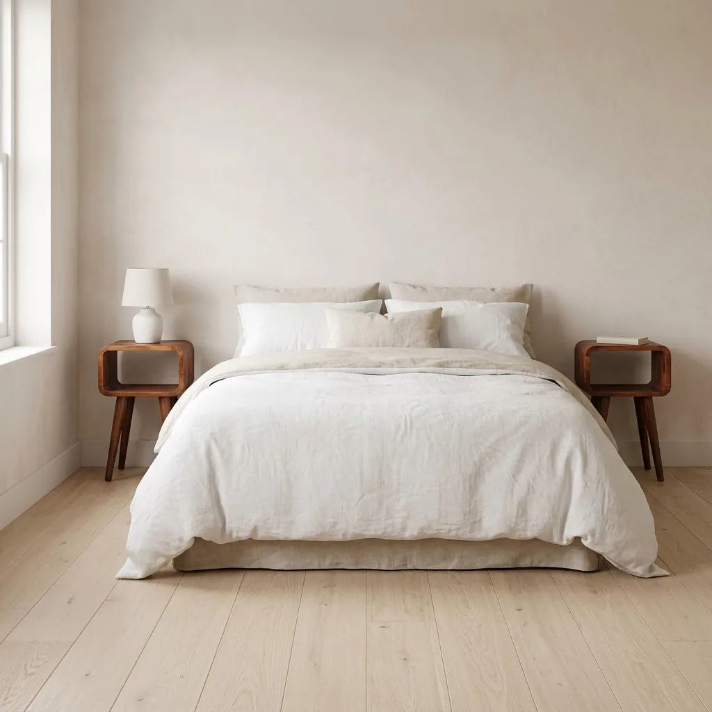 Eden 30 cm Open Bedside Tables, one on each side of a bed with linen bedding