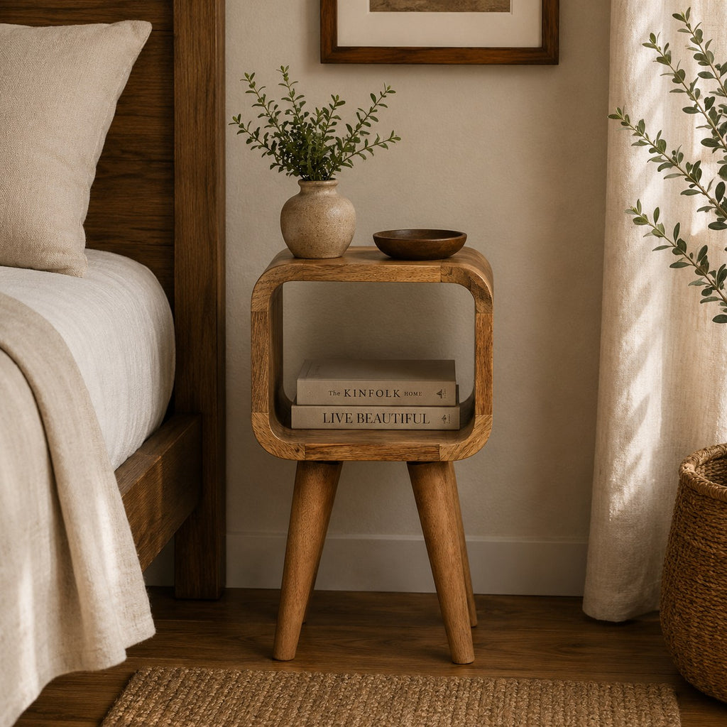 Narrow open bedside table, 20 cm wide, light oak-look wood, styled in a bedroom next to a bed