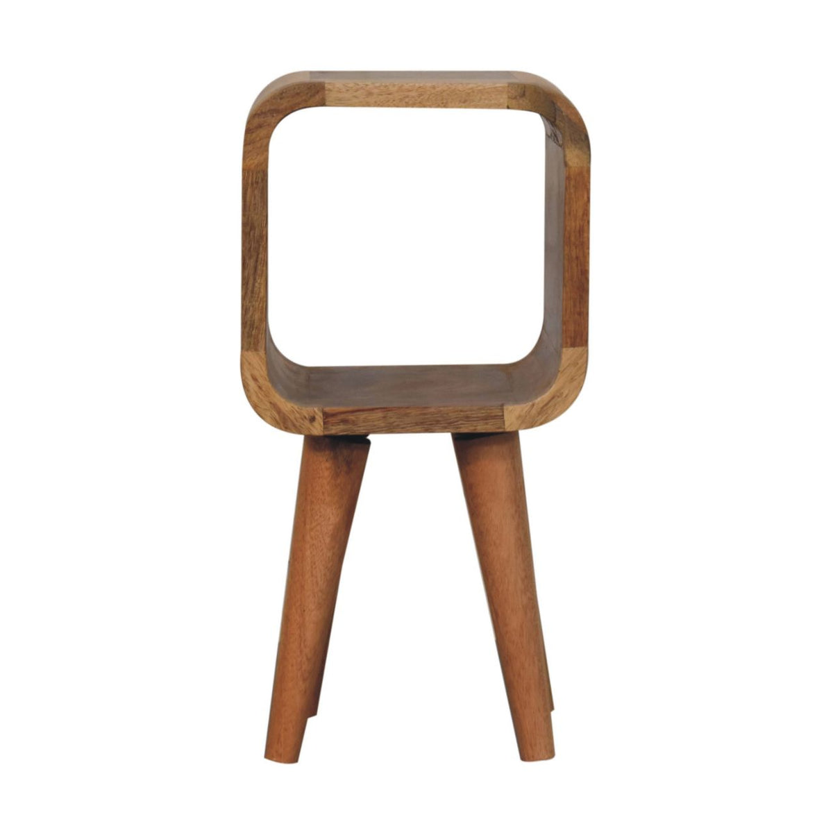 Narrow open bedside table, 20 cm wide, light oak-look wood, front view of the open cube design