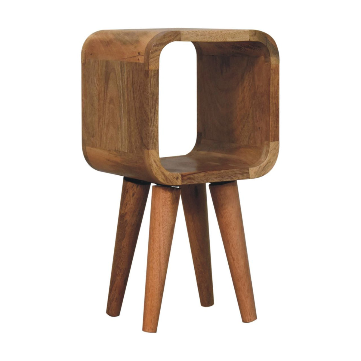 Narrow open bedside table, 20 cm wide, light oak-look wood, three-quarter view