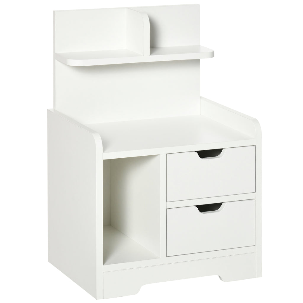 White bedside table with two drawers, side cubby and raised top shelf