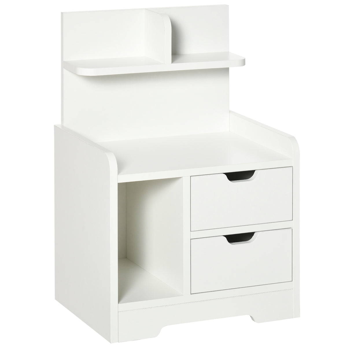 White bedside table with two drawers, side cubby and raised top shelf