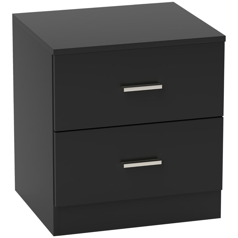 Black two-drawer bedside table on white background