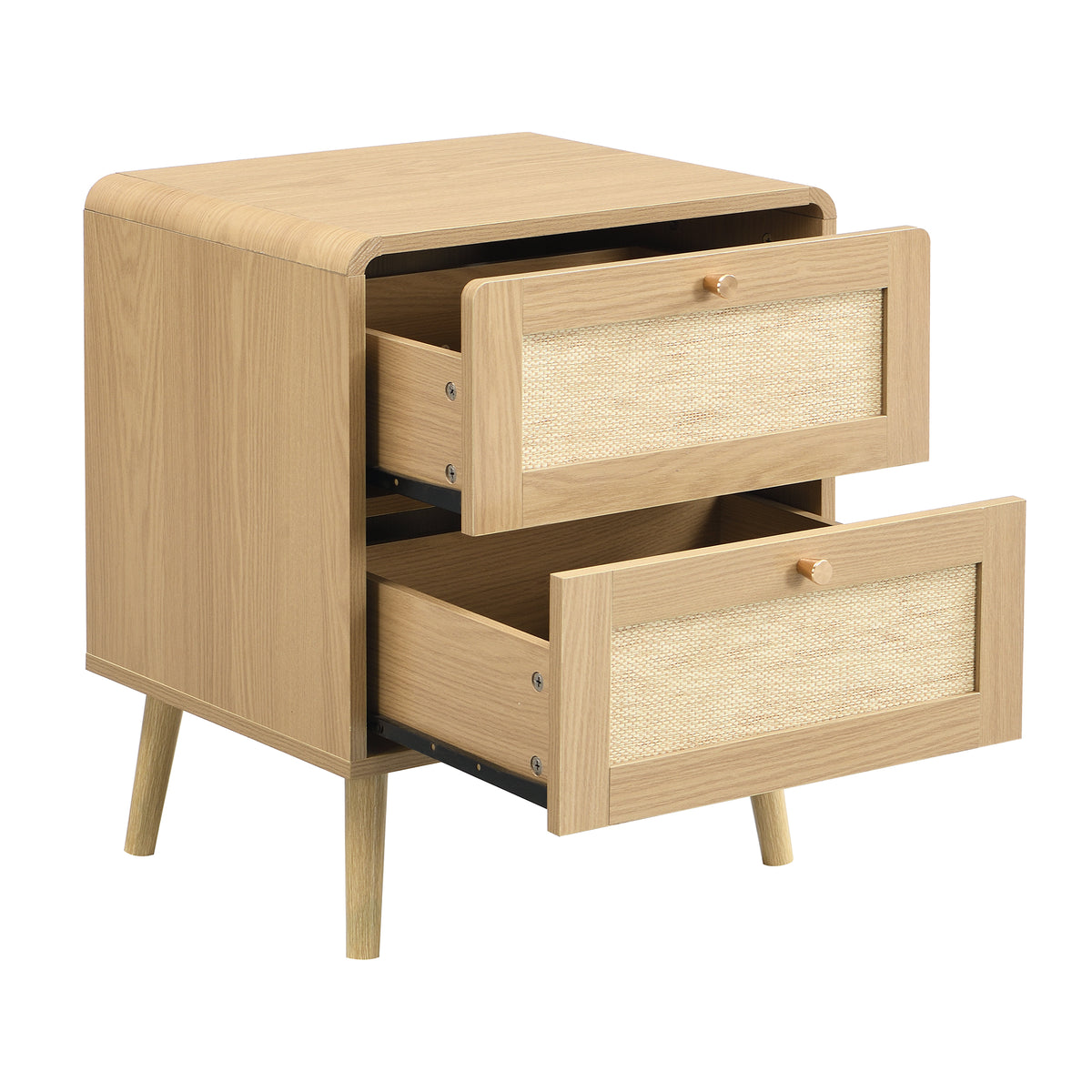 Two-drawer bedside table with both drawers open on a white background