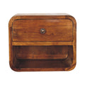 Floating bedside table, 30 cm wide, chestnut brown, front view with drawer and open shelf