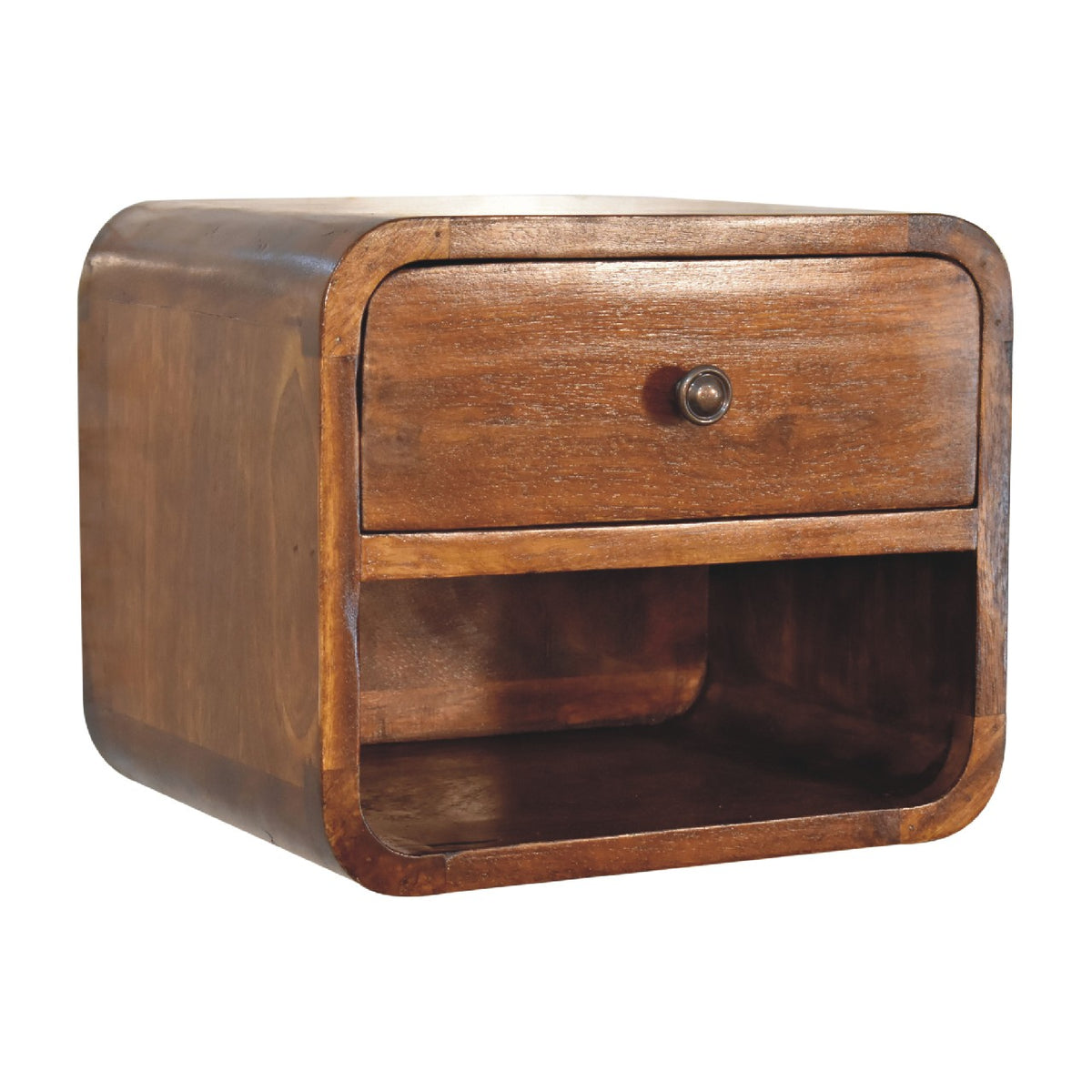 Floating bedside table, 30 cm wide, chestnut brown, three-quarter view of the rounded design