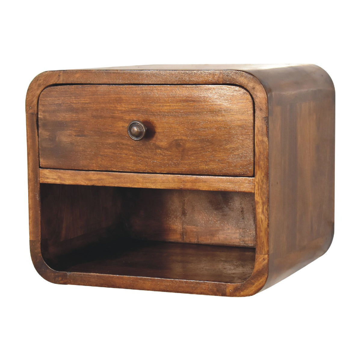 Floating bedside table, 30 cm wide, chestnut brown, side angle showing drawer and open shelf