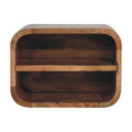 Floating bedside table with 2 open shelves, 35 cm wide, natural oak-look wood, front view
