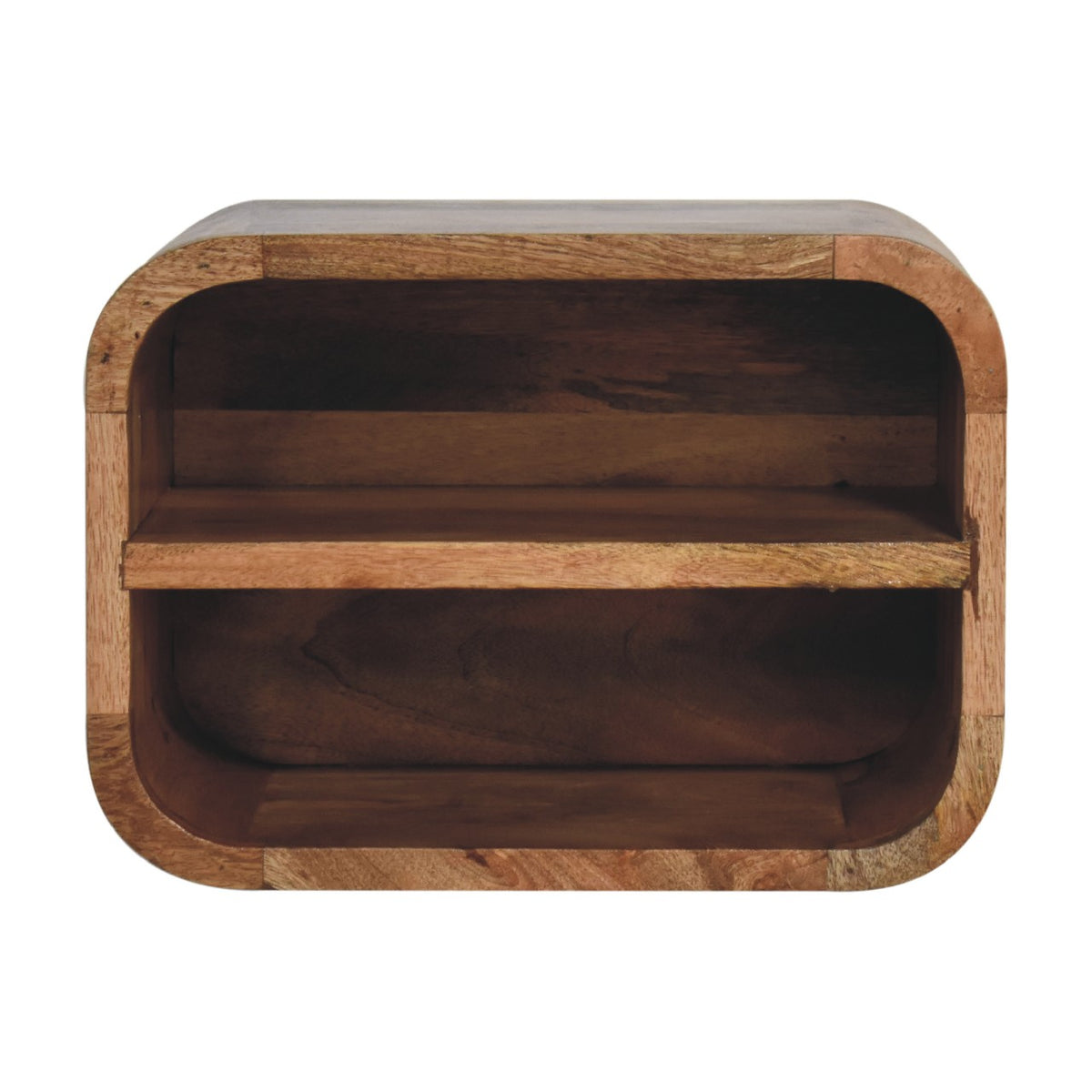 Floating bedside table with 2 open shelves, 35 cm wide, natural oak-look wood, front view