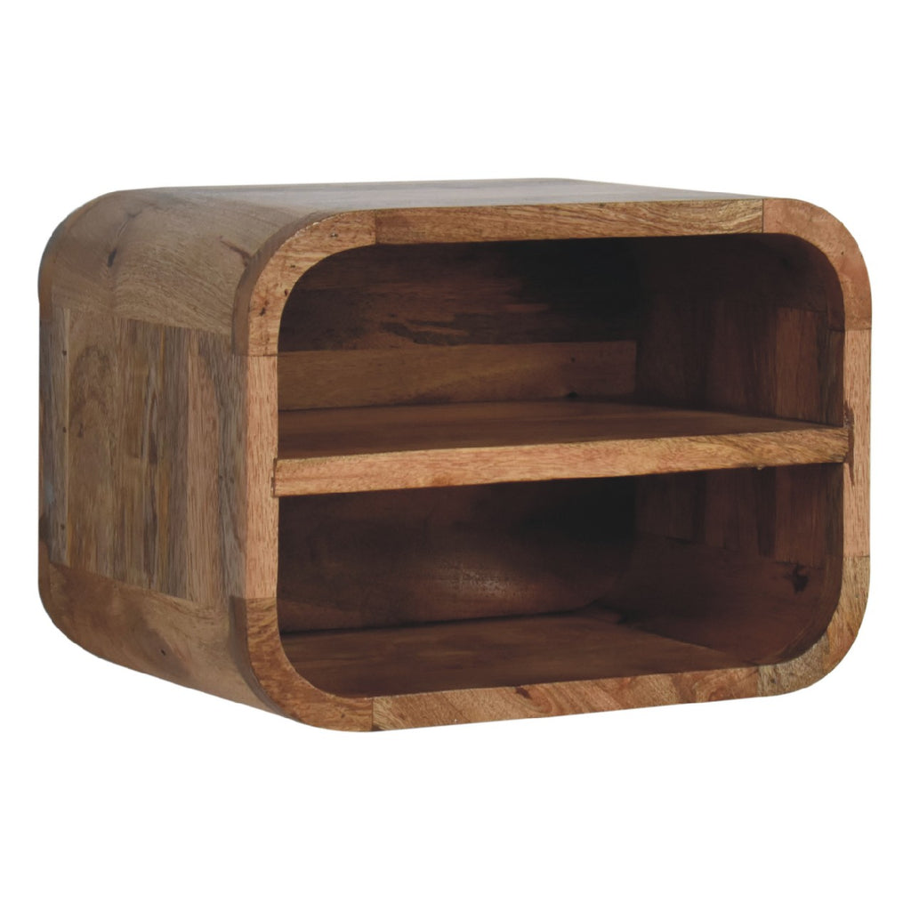 Floating bedside table with 2 open shelves, 35 cm wide, natural oak-look wood, three-quarter view