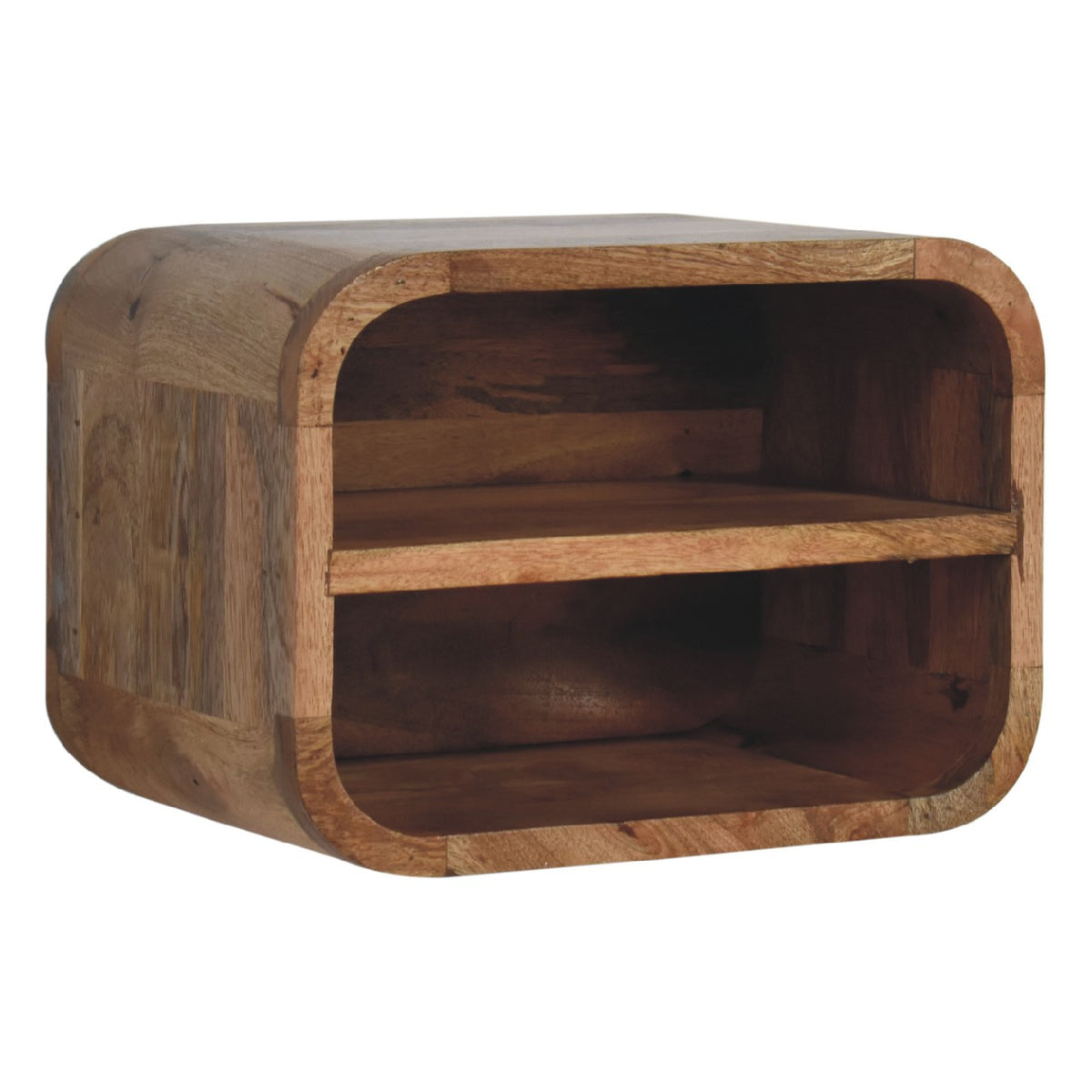 Floating bedside table with 2 open shelves, 35 cm wide, natural oak-look wood, three-quarter view