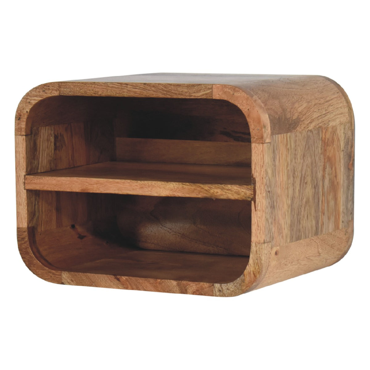 Floating bedside table with 2 open shelves, 35 cm wide, natural oak-look wood, angled side view
