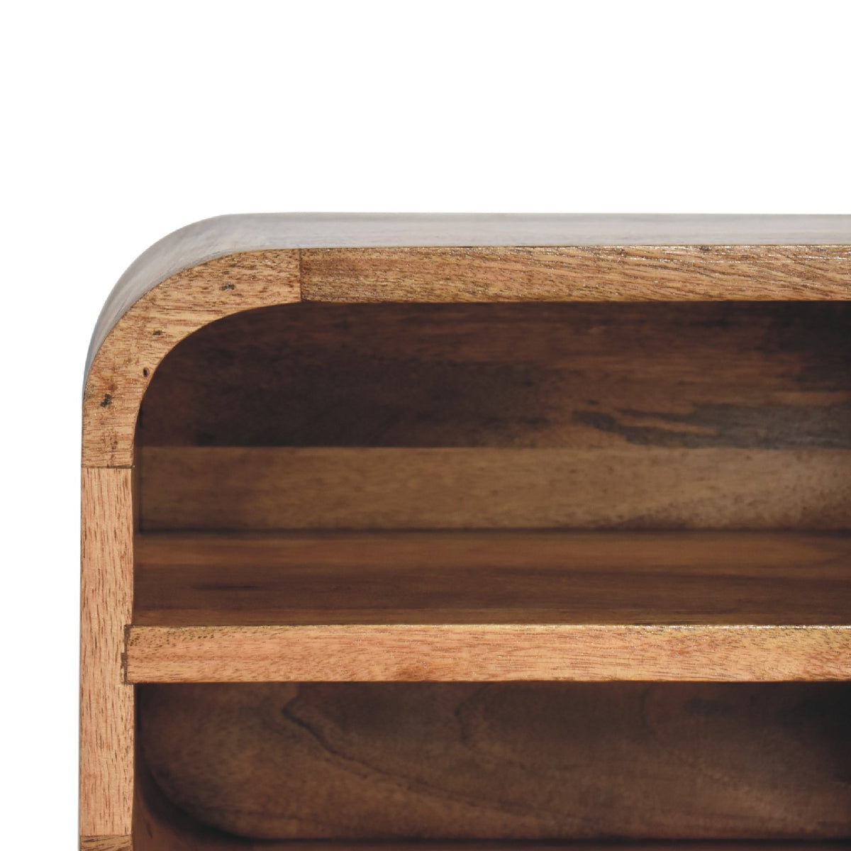 Close-up of the top corner and shelf edge on a natural oak-look floating bedside table, 35 cm