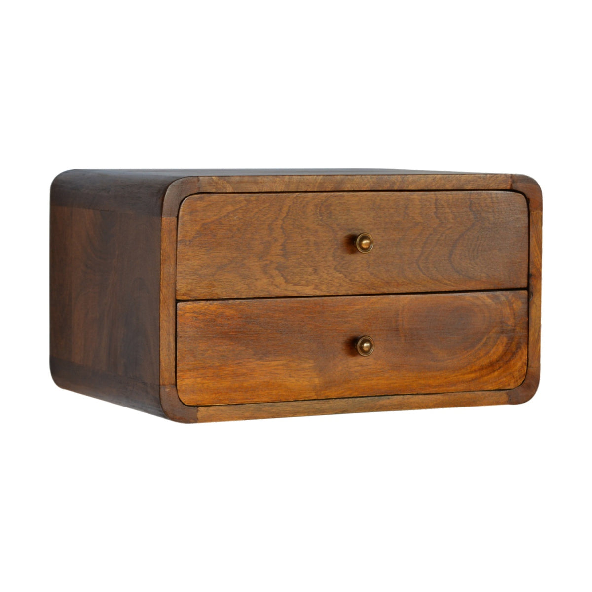 Floating bedside table with 2 drawers, 45 cm wide, chestnut finish, angled front view