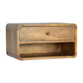 Floating bedside table with drawer and open shelf, 45 cm wide, light finish, angled view