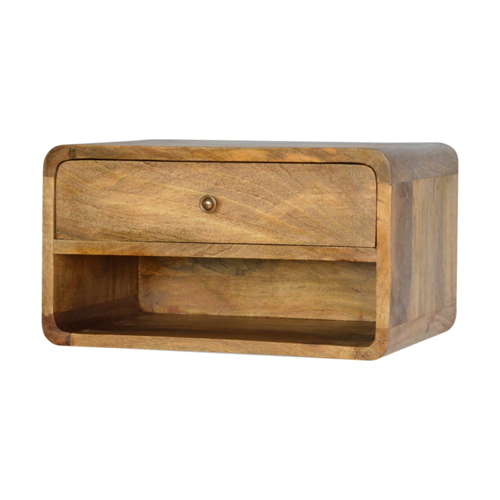 Floating bedside table with drawer and open shelf, 45 cm wide, light, three-quarter side view