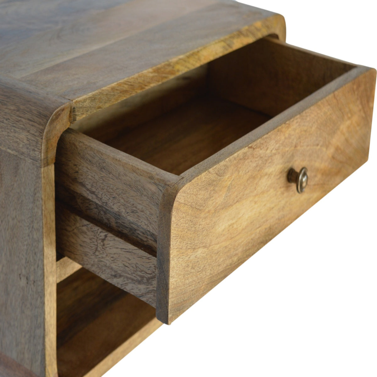 Floating bedside table, 45 cm wide, light finish, drawer open showing the interior