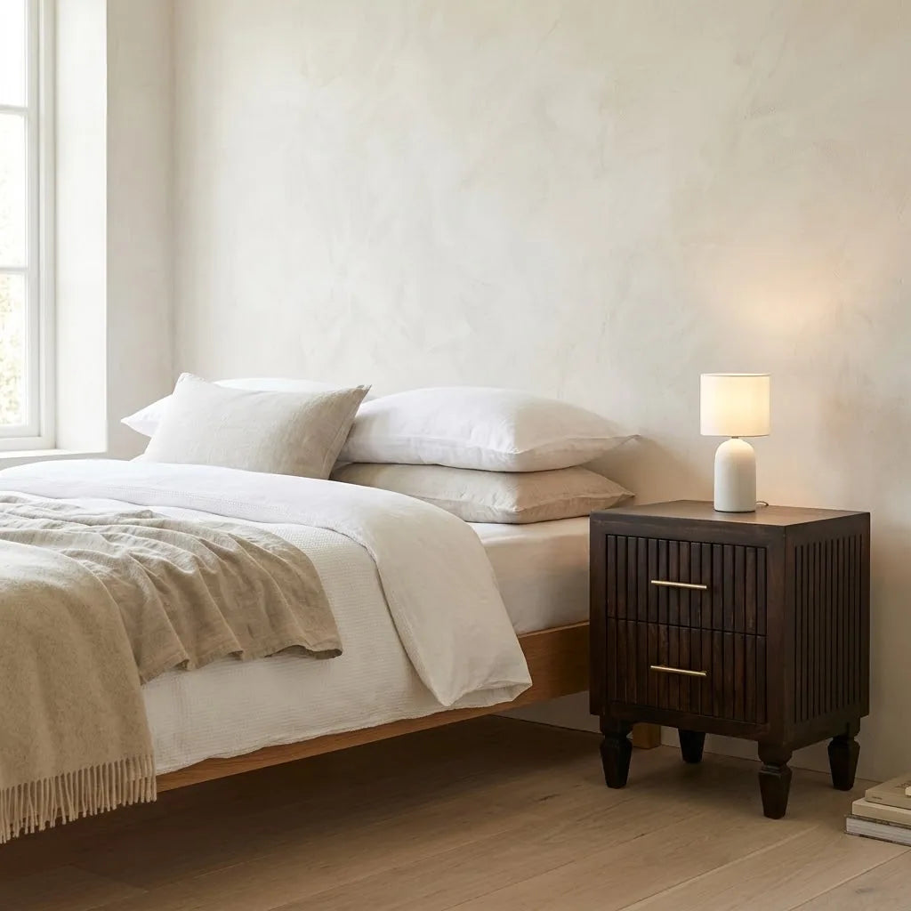 Fluted 2 Drawer Bedside Table beside a bed with linen bedding, with a table lamp on top