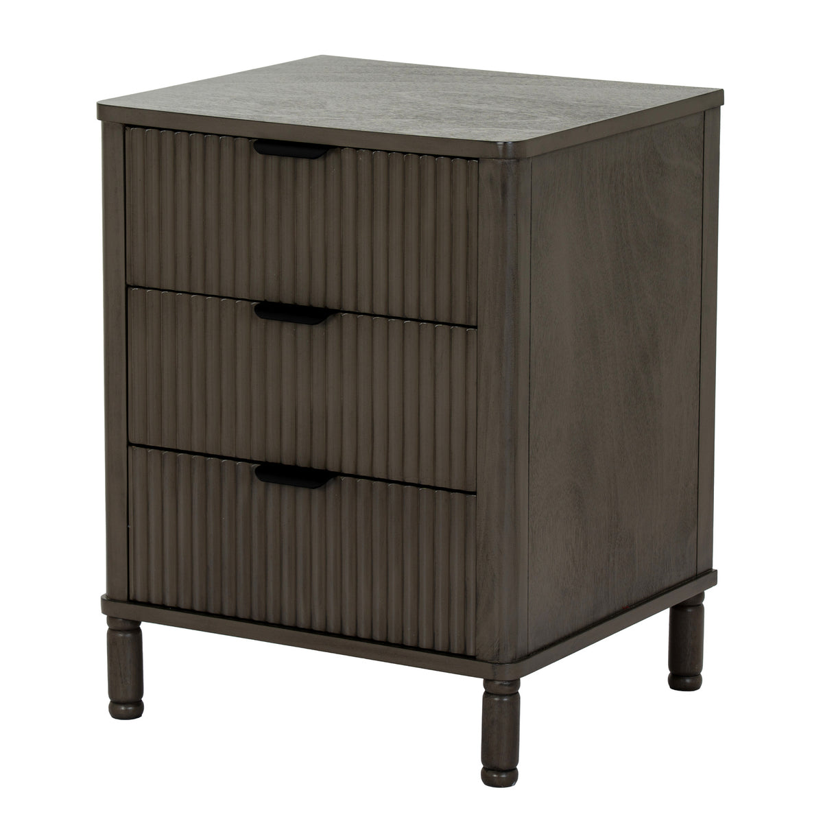 Fluted bedside table with 3 drawers in dark taupe, 45 cm wide