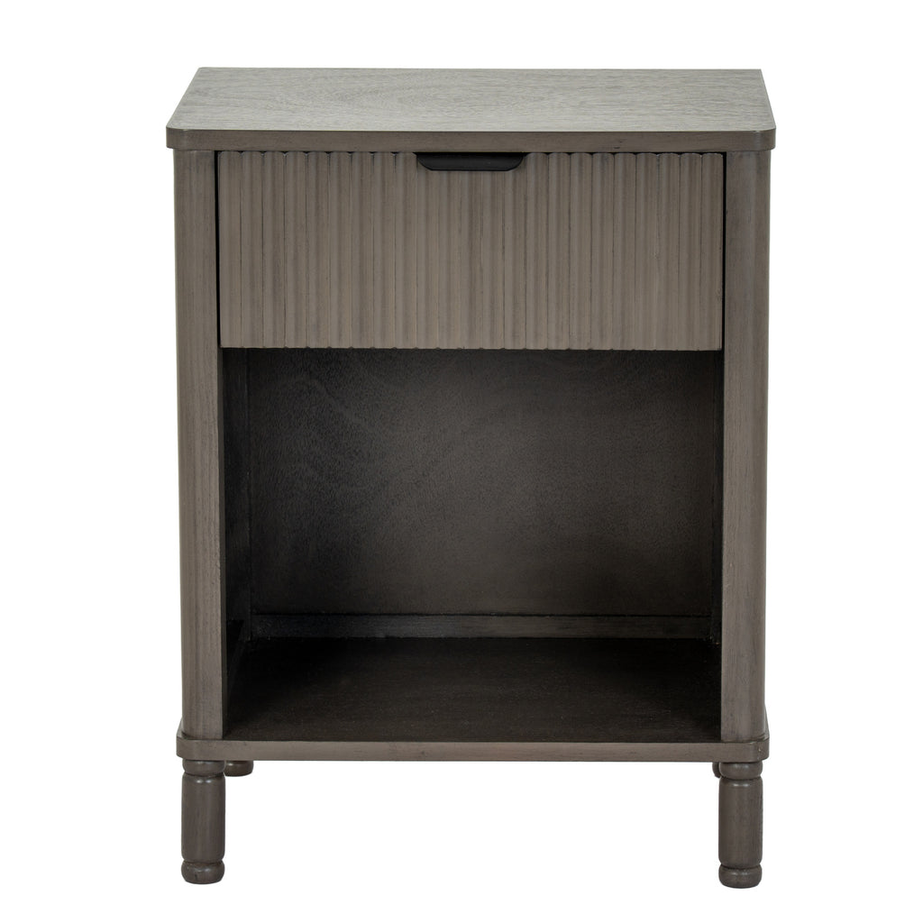 Bedside table with drawer and open shelf, front view, on turned legs