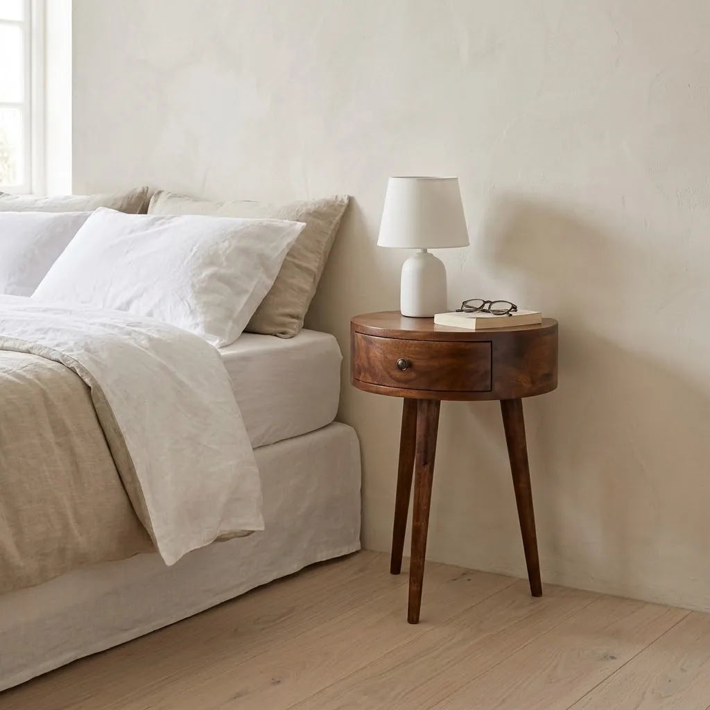 Half Moon Bedside Table beside a bed with linen bedding, with a table lamp on top