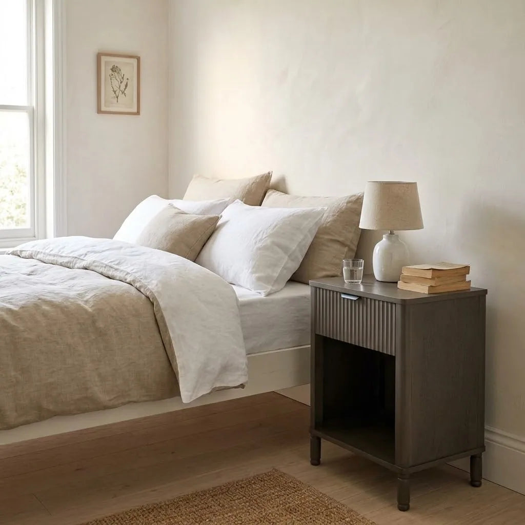 Hamble 45 cm Fluted Bedside Table beside a bed with linen bedding, with a table lamp on top