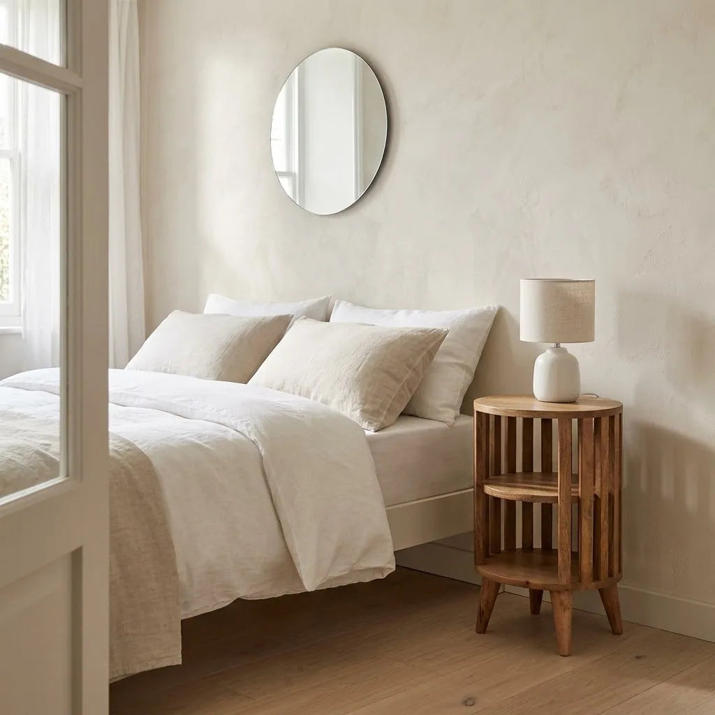 Kennet 36 cm Slatted Bedside Table beside a bed with linen bedding, with a table lamp on top