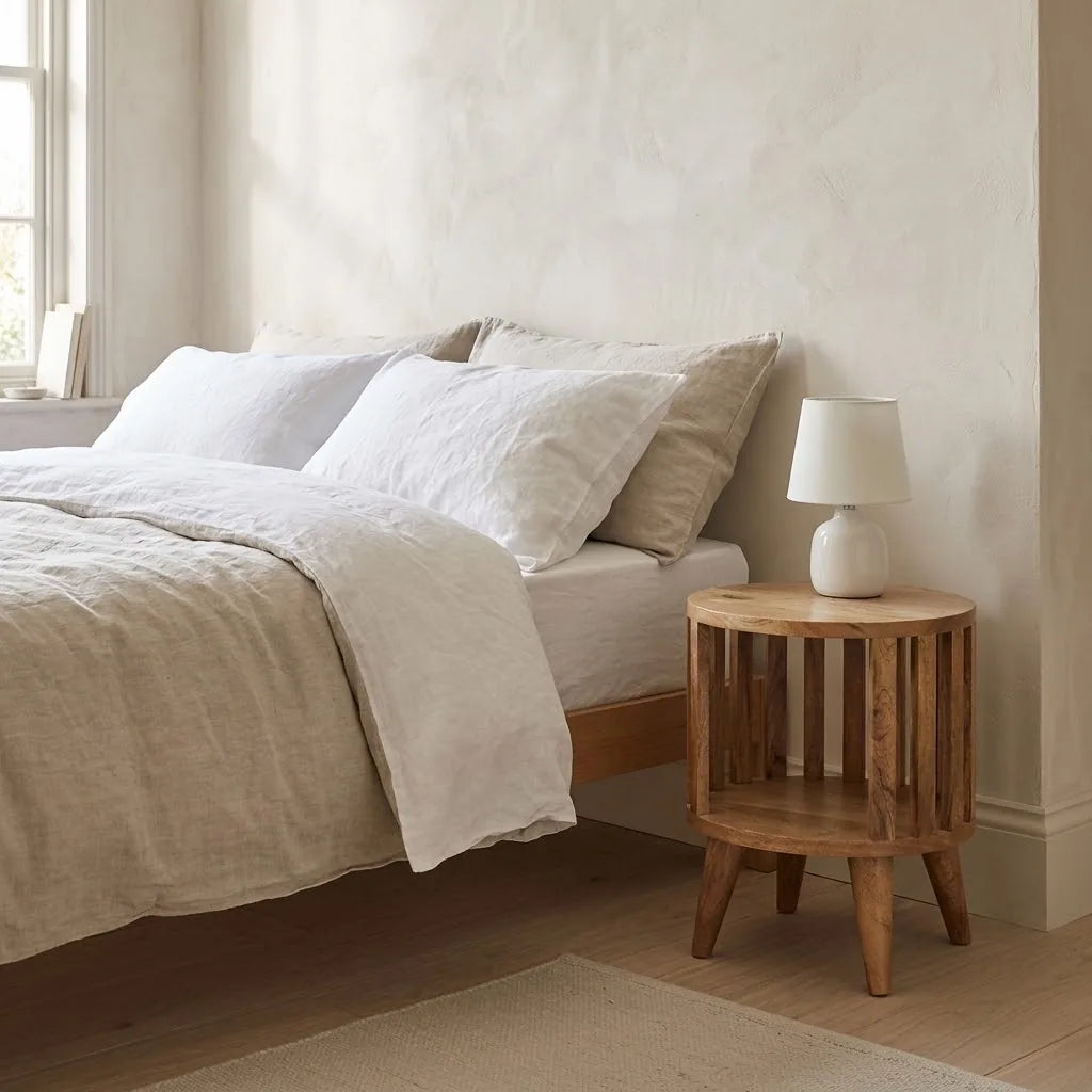 Kennet 36 cm Slatted Bedside Table beside a bed with linen bedding, with a table lamp on top