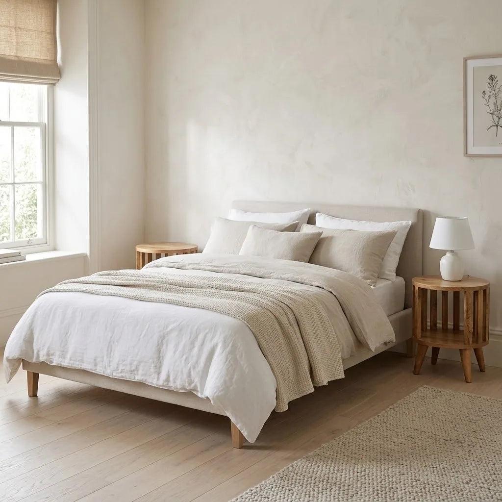 Kennet 36 cm Slatted Bedside Tables, one on each side of a bed with linen bedding