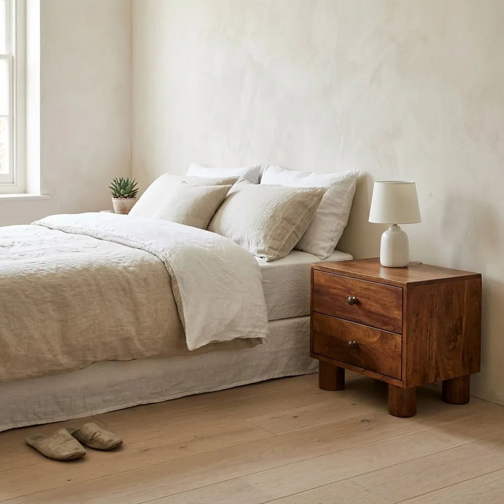 Low 2 Drawer Bedside Table beside a bed with linen bedding, with a table lamp on top