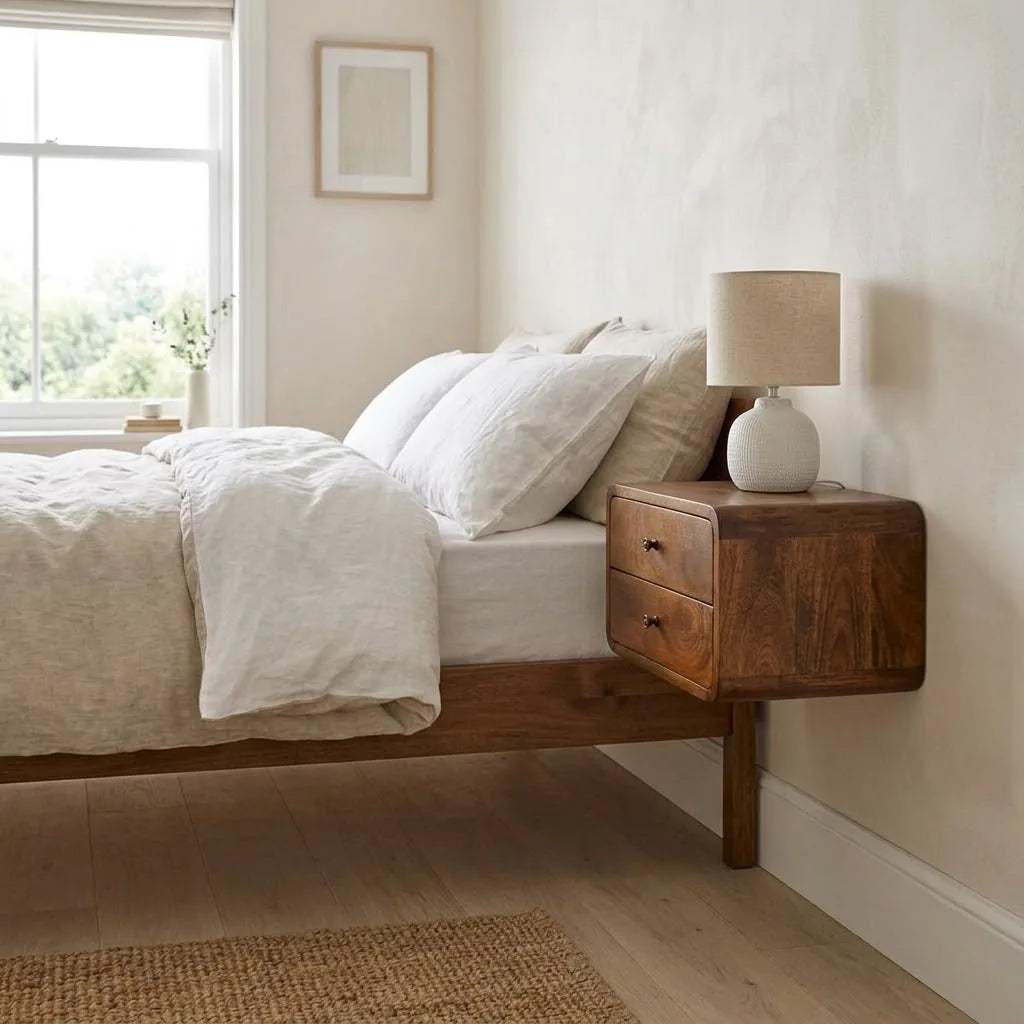 Medway 45 cm Wall Mounted Bedside Table fixed to the wall beside a bed, with a table lamp on top