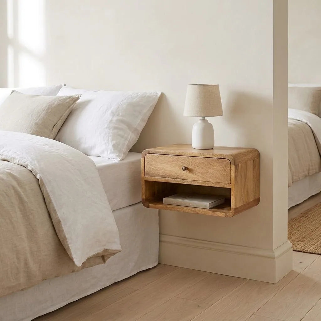 Medway 45 cm Wall Mounted Bedside Table fixed to the wall beside a bed, with a table lamp on top