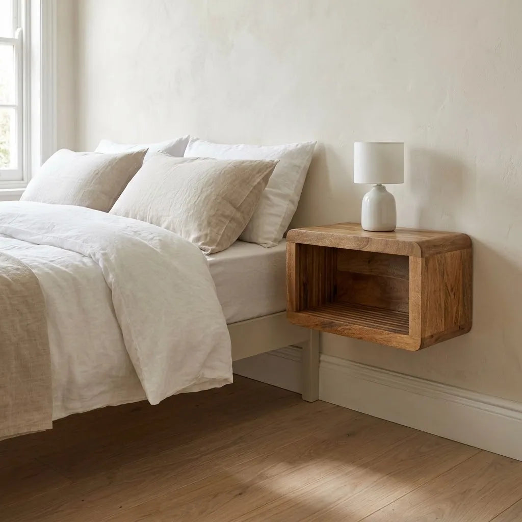 Medway 45 cm Wall Mounted Bedside Table fixed to the wall beside a bed, with a table lamp on top