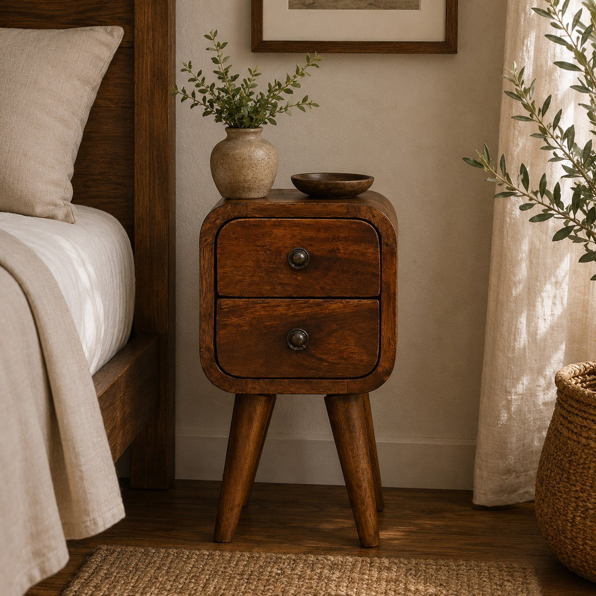 Chestnut narrow bedside table with 2 drawers beside a bed