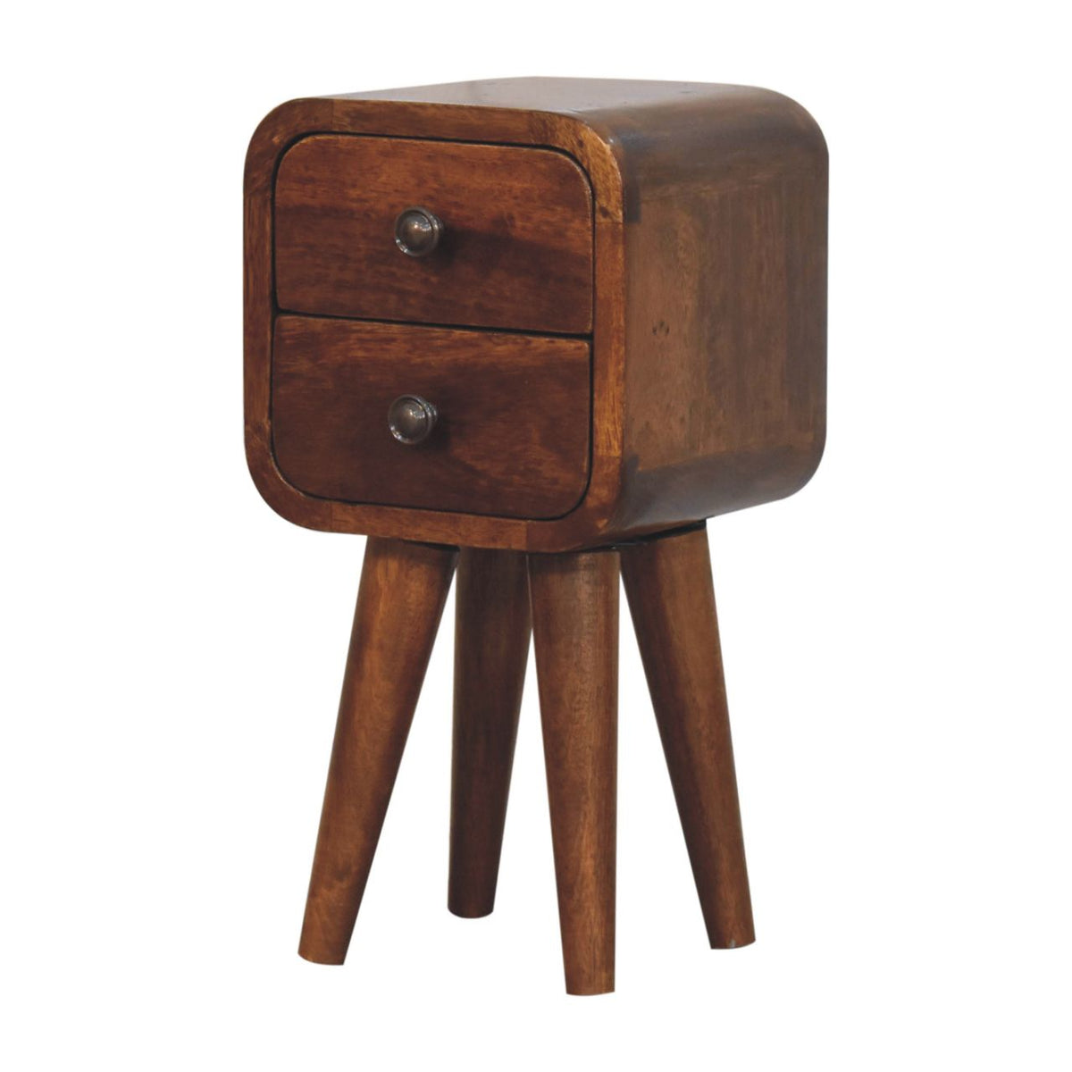 Narrow 20 cm bedside table in chestnut, three-quarter view showing four legs
